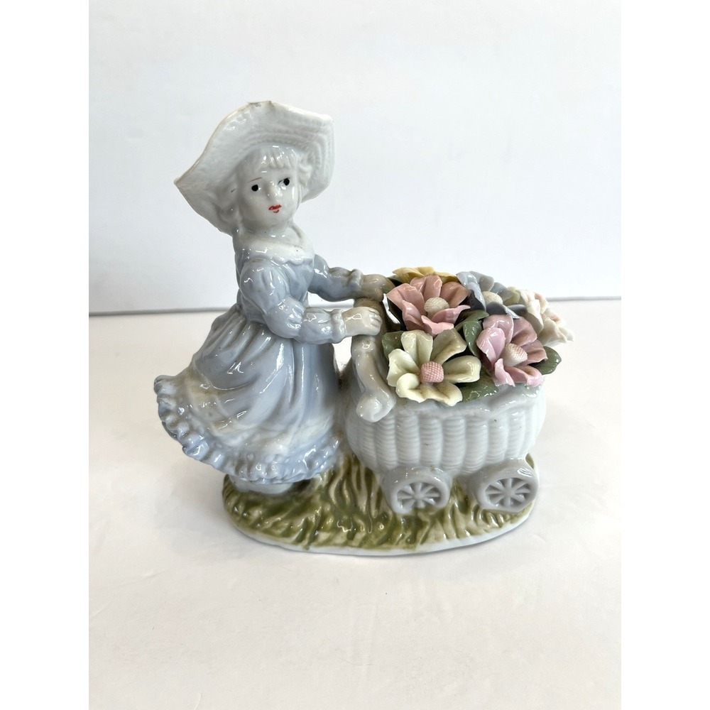 Vintage style figurine country lady pushing flowers‎ wagon cart